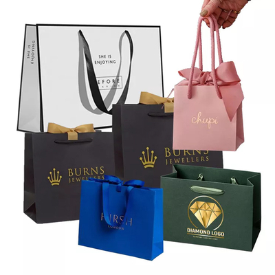 Customized Ribbon Handle Boutique Jewellery Gift Gold Foil Logo Shopping Paper Bags For Hair Extension